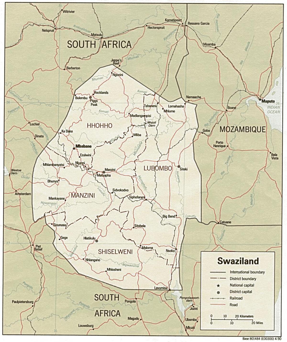 harta Swaziland arată posturile de frontieră